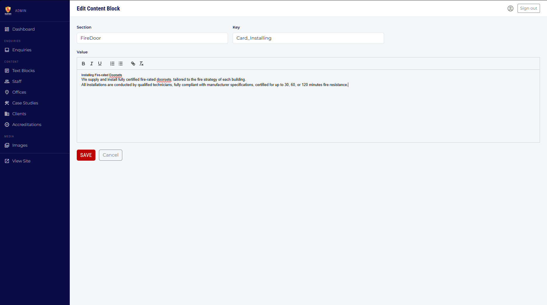 Edit text block form