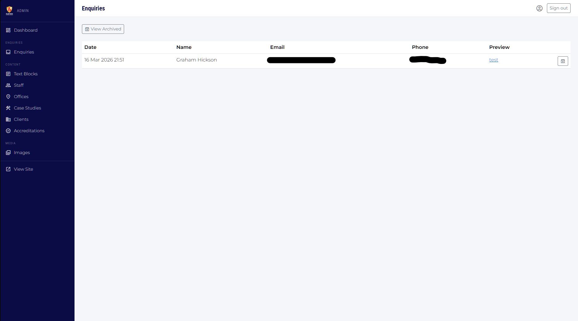 Enquiries inbox list