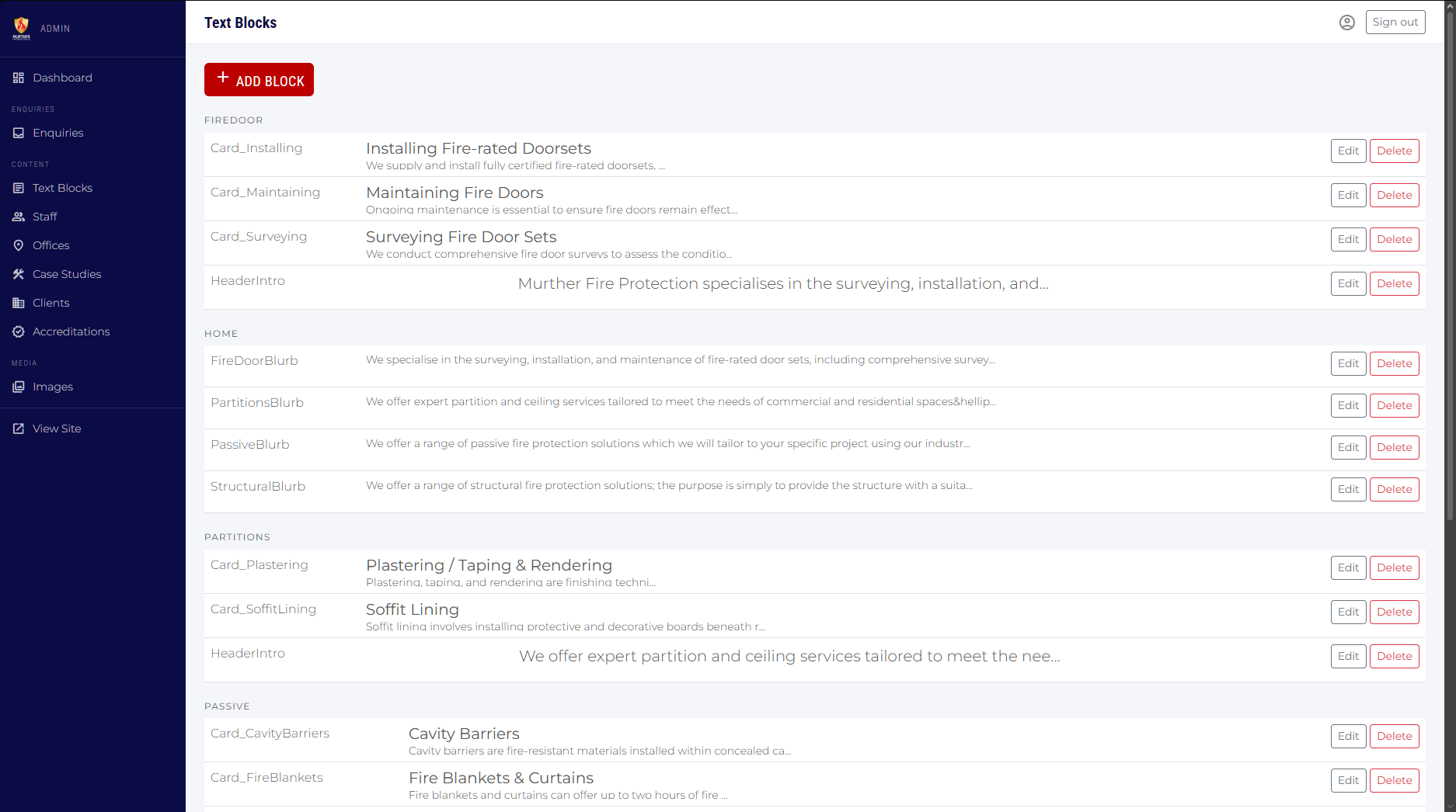 Text blocks list page